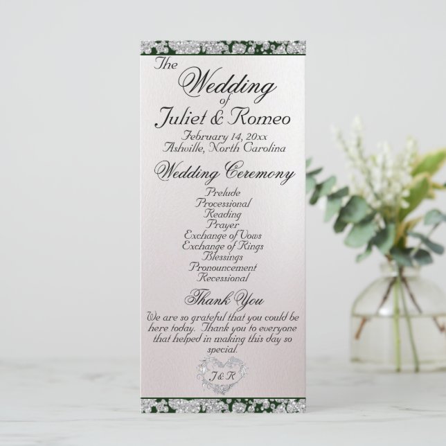 Ribbon & Glitter on Pearl - Emerald Wedding Program (Standing Front)