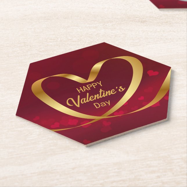 Ribbon Heart Gold Happy Valentine's Day Red Paper Coaster (Angled)