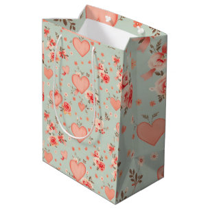Ribbon Hearts Vintage Roses Valentine Mint Coral P Medium Gift Bag