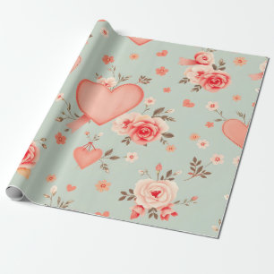 Ribbon Hearts Vintage Roses Valentine Mint Coral P Wrapping Paper