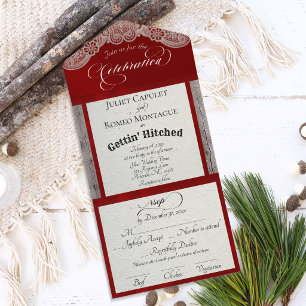 Ribbon & Lace Gettin' Hitched - Red All In One Invitation