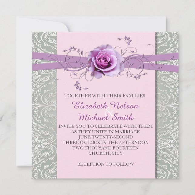 Ribbon Lavender Rose Silver Damask Wedding Invite (Front)