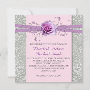 Ribbon Lavender Rose Silver Damask Wedding Invite