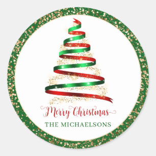 Ribbon Merry Christmas Tree Gold Glitter Classic Round Sticker
