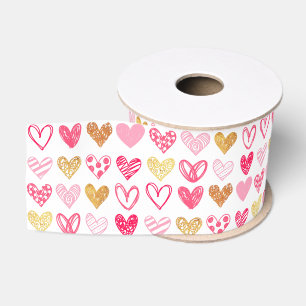 Ribbon - Pink and Gold Love Hearts Grosgrain Ribbon