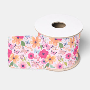 Ribbon Pink Floral Garden with Butterflies Grosgrain Ribbon