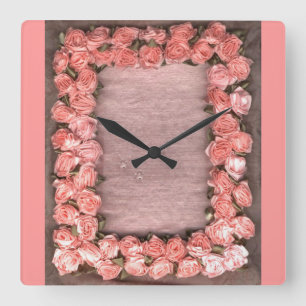 Ribbon Roses And Leaves Satin Photo Frame Square Square Wall Clock