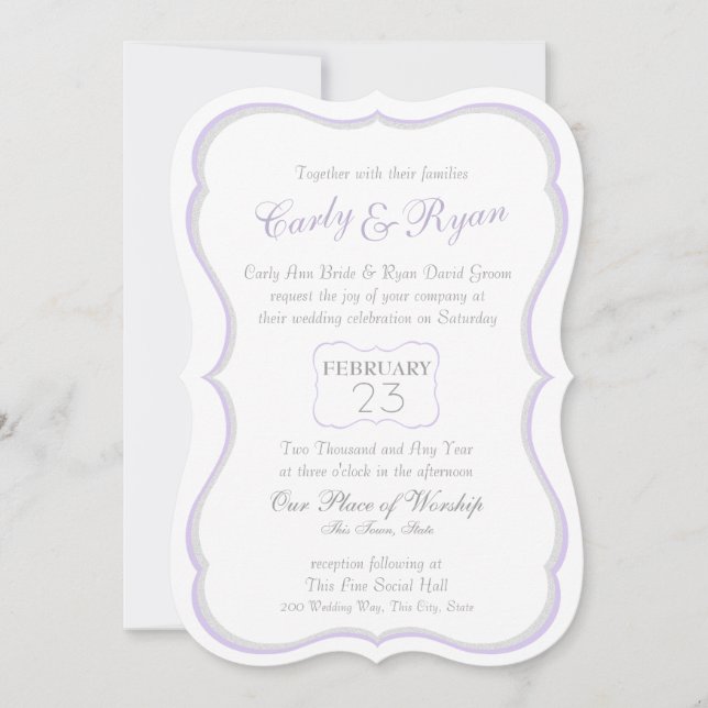 Ribbon Scallop Lavender and Silver Stripes Invitation (Front)