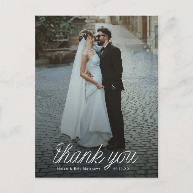 Ribbon Script Minimalist Wedding Photo  Postcard (Front)