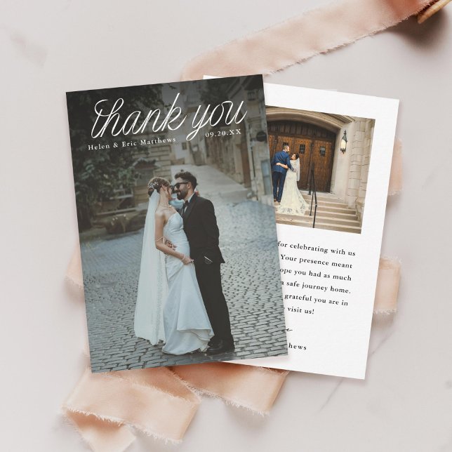Ribbon Script Top Minimalist Wedding Photo Small Thank You Card (Creator Uploaded)