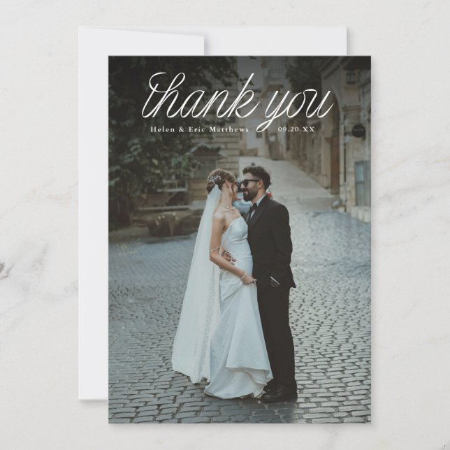 Ribbon Script Top Minimalist Wedding Photo  Thank You Card (Front)