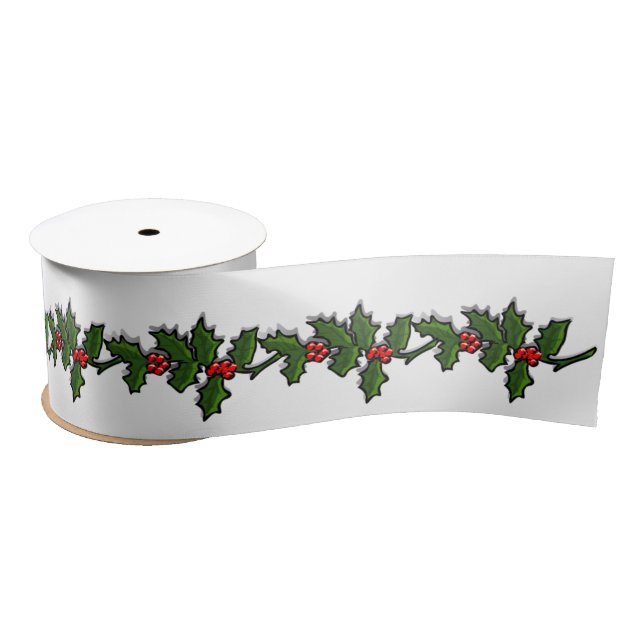 Ribbon - Sting of Holly Branches with Berries Satin Ribbon (Spool)