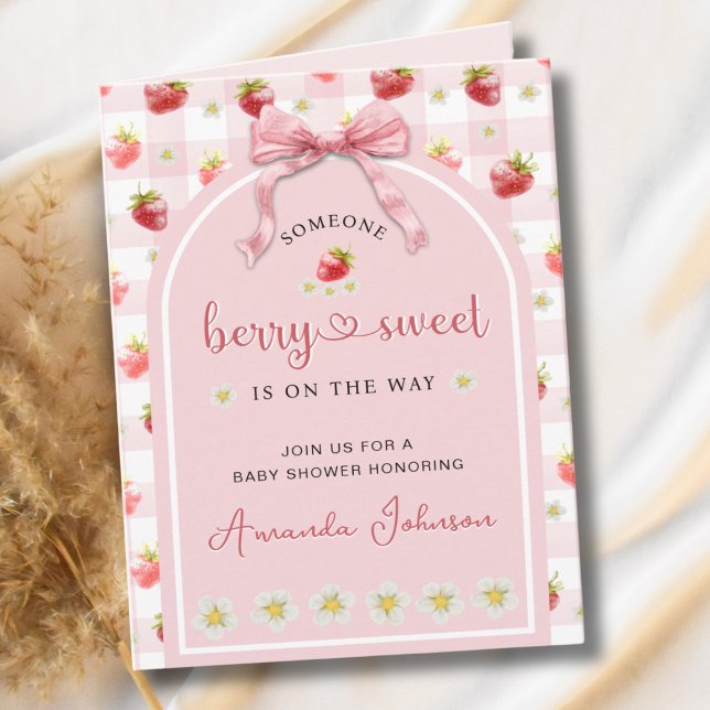  Ribbon Strawberries Berry Sweet Baby Shower Invitation (Creator Uploaded)