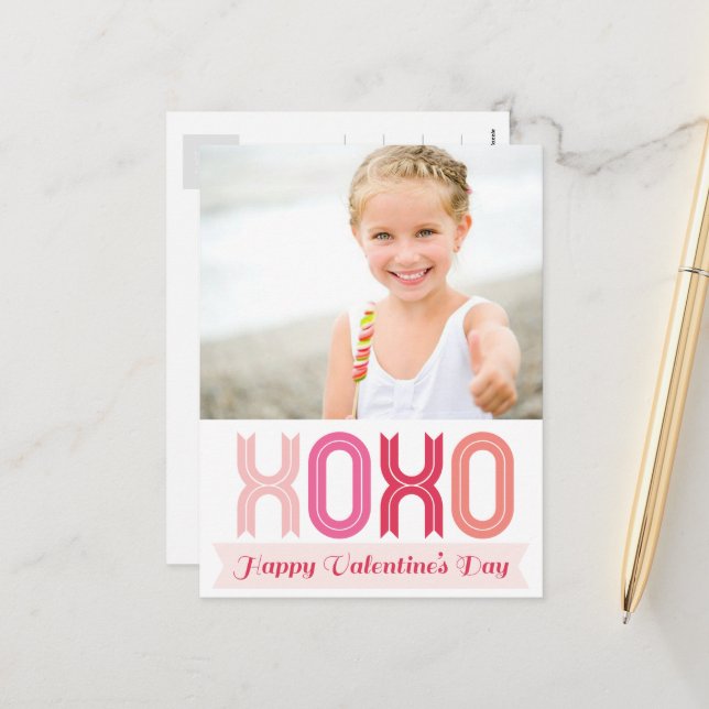 Ribbon XOXO Love And Kisses Valentine's Day Photo Holiday Postcard (Front/Back In Situ)