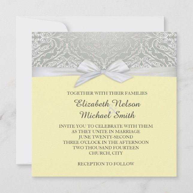Ribbon Yellow/Silver Lace Damask Wedding Invite (Front)