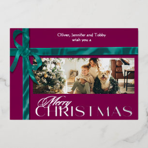 Ribboned Elegant Christmas Silver Foil Holiday Card