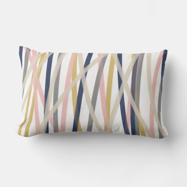 Ribbons Abstract in Mustard Navy Pink Taupe White Lumbar Cushion (Front)