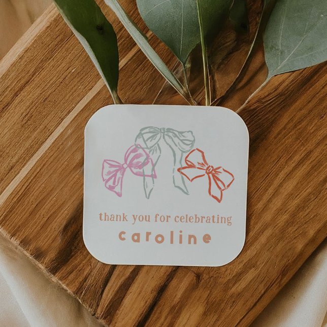 Ribbons and Bows Birthday Thank You Favour Square Sticker (Ribbons and Bows Birthday Thank You Favor Square Sticker)