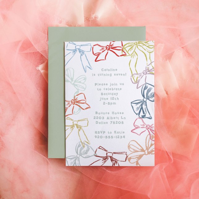 Ribbons and Bows Watercolor Girls Birthday Party Invitation (Ribbons and Bows watercolor girls birthday party invitation.)