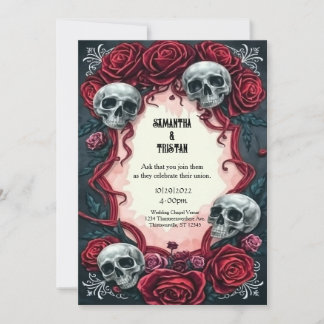 Ribbons and Roses Skulls Gothic Wedding Invitation