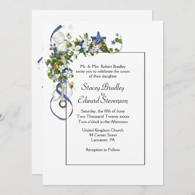 Ribbons and Starfish Bubbles Wedding Invitation (Front/Back)