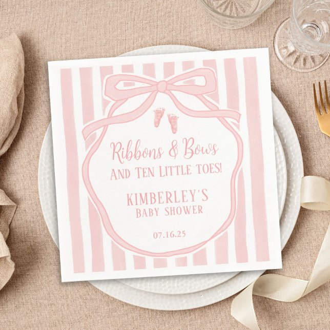 Ribbons Bows Ten Little Toes Bow Girl Baby Shower Napkin (Creator Uploaded)