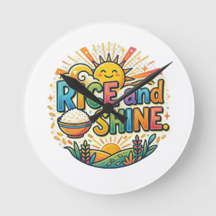 Rice and Shine – Funny Breakfast Food Pun T-Shirt Round Clock