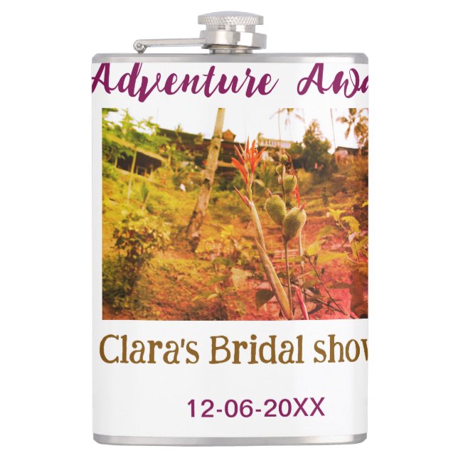 Rice fields adventure awaits bridal shower name fa hip flask (Front)