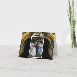 Rich Black & Gold Glitter & 2 Photos Wedding Thank You Card