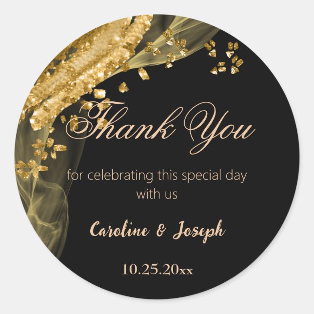 Rich Black & Gold Glitter Sparkling Wedding Classic Round Sticker (Front)