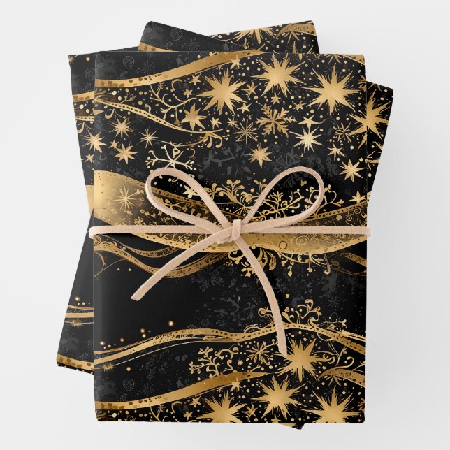 Rich Black & Gold Holiday Wrapping Paper Sheet (In situ)