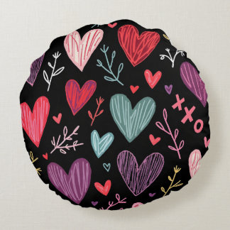 Rich Black Playful Hand-Drawn Hearts Round Pillow