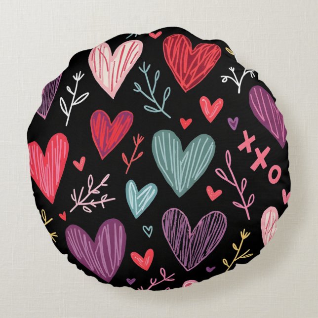 Rich Black Playful Hand-Drawn Hearts Round Pillow (Back)