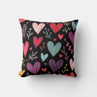 Rich Black Playful Hand-Drawn Hearts Throw Pillow