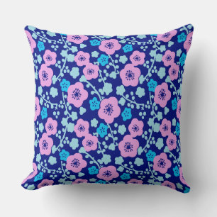 Rich blue and pink floral pattern Japanese Plum Cushion