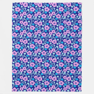 Rich blue and pink floral pattern Japanese Plum Fleece Blanket