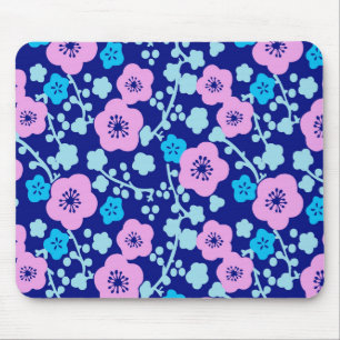 Rich blue and pink floral pattern Japanese Plum Mouse Pad