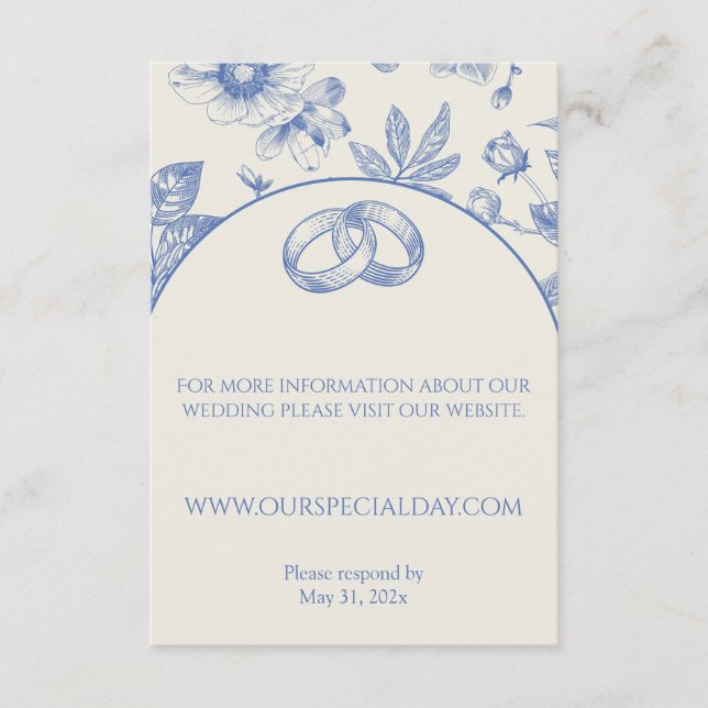 Rich Blue French Floral Toile Floral Enclosure Card (Front)