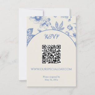 Rich Blue French Floral Toile Floral QR Code RSVP Card