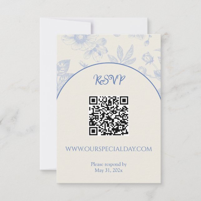 Rich Blue French Floral Toile Floral RSVP Card (Front)