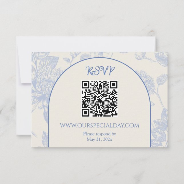 Rich Blue French Floral Toile Floral RSVP Card (Front)