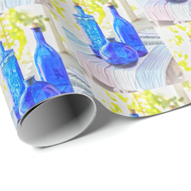 Rich Blue Glass Bottles Pattern Wrapping Paper (Roll Corner)