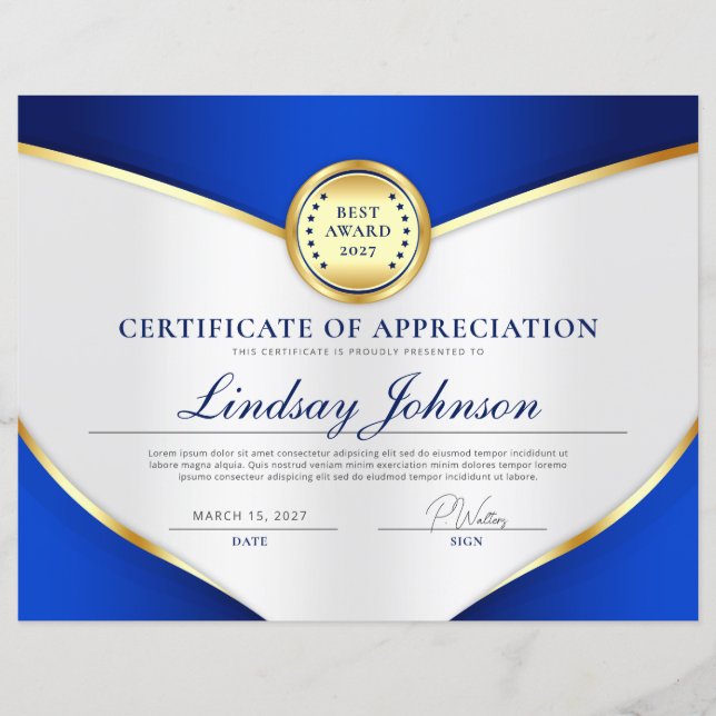 Rich Blue & Gold Certificate of Appreciation Flyer (Front)