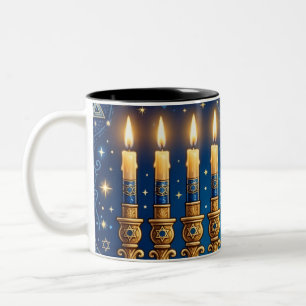 Rich Blue & Gold Jeweled Hanukkah  Two-Tone Coffee Mug