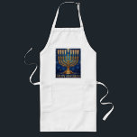 Rich Blue & Gold Jewelled Hanukkah  Long Apron<br><div class="desc">Celebrate the Festival of Lights in opulence with this beautifully designed rich blue and gold Hanukkah menorah holiday postcard! This flat postcard features a stunning, detailed illustration of an ornate, antique-style gold Hanukkah menorah, lavishly adorned with vibrant multi-coloured gems and delicate enamel work. The menorah is fully lit with nine...</div>