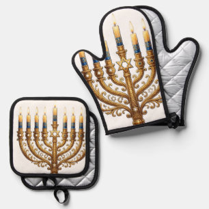 Rich Blue & Gold Jewelled Hanukkah  Oven Mitt & Pot Holder Set
