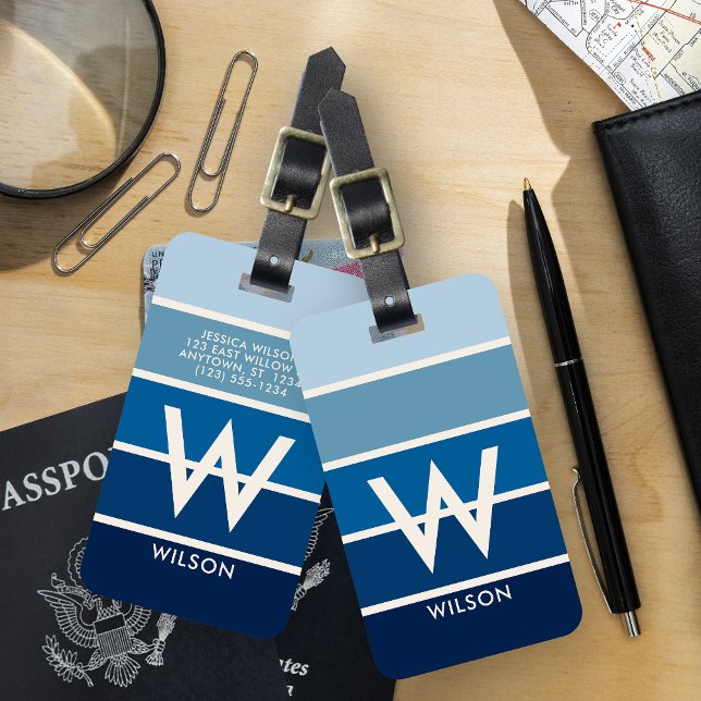 Rich Blue Gradient Striped Monogram Personal Luggage Tag (Creator Uploaded)