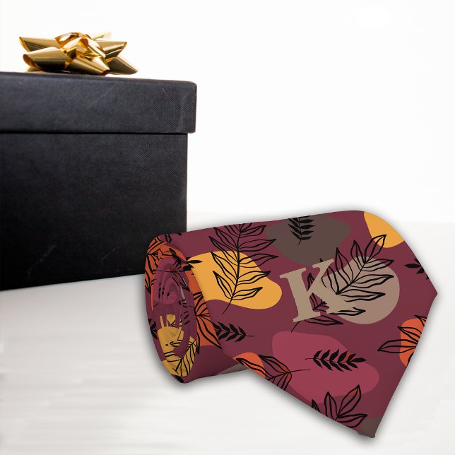 Rich Botanical Leaves on Maroon Monogram Tie (Creator Uploaded)
