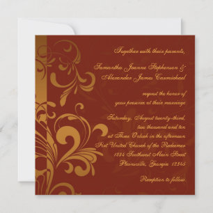 Rich Brick Red and Gold Reverse Swirl Square Invitation