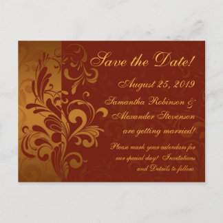 Rich Brick Red / Gold Reverse Swirl Save the Date Announcement Postcard